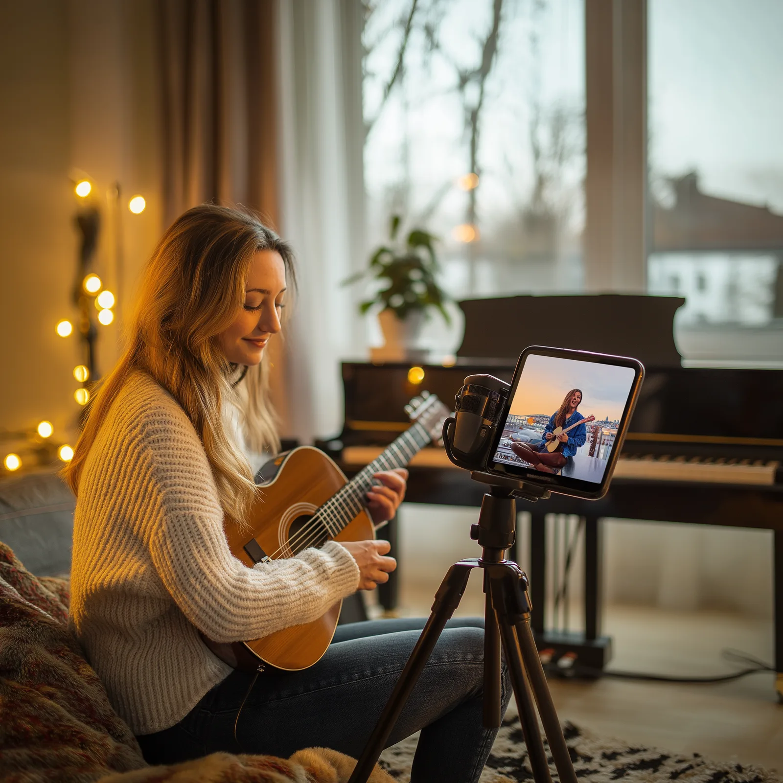 Musikerin mit Gitarre vor iPad mit Lehrerin auf Display, warme Abendbeleuchtung, gemütliches Wohnzimmer mit Klavier