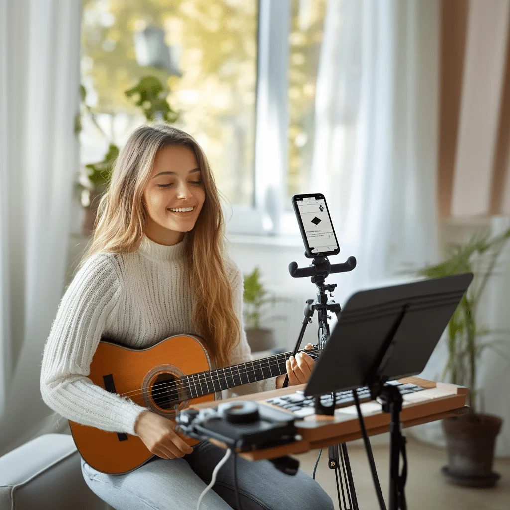 Junge Frau mit Gitarre vor Tablet mit Lehrer auf Display, sonniges Studio mit Grünpflanzen