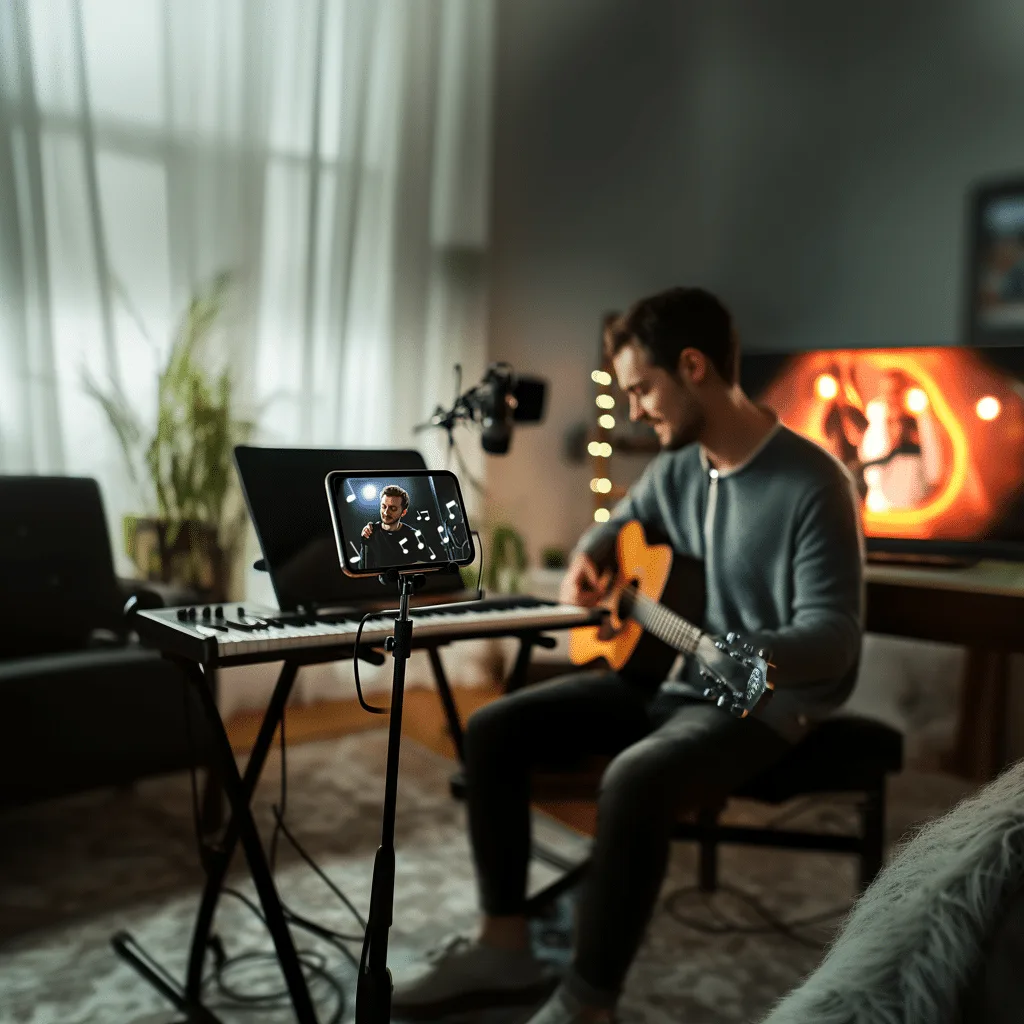 Musiker mit E-Bass beim Videofeedback-Recording mit Smartphone auf Stativ, modernes Home Studio