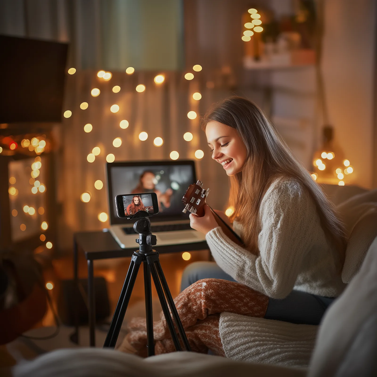 Frau mit Gitarre beim Videofeedback-Recording mit Handy auf Stativ, warme Beleuchtung, gemütliche Wohnzimmer-Atmosphäre
