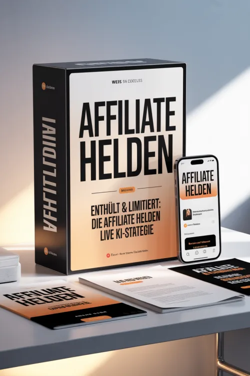 Affiliate Helden – In 3 Tagen zum Affiliate-System von Ralf Schmitz 1 Affiliate Helden Videokurs Produktpaket mit Verpackung, Smartphone und Materialien auf Tisch