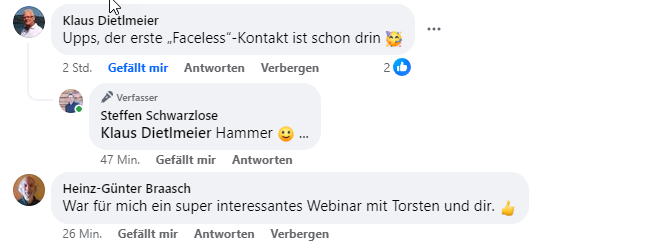 Testimonial-Screenshot mit Kommentaren von Klaus Dietlmeier, Steffen Schwarzlose und Heinz-Günter Braasch