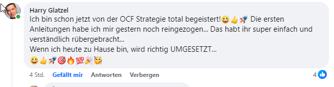 Testimonial-Screenshot von Harry Glatzel mit begeistertem Feedback zur OCF Strategie