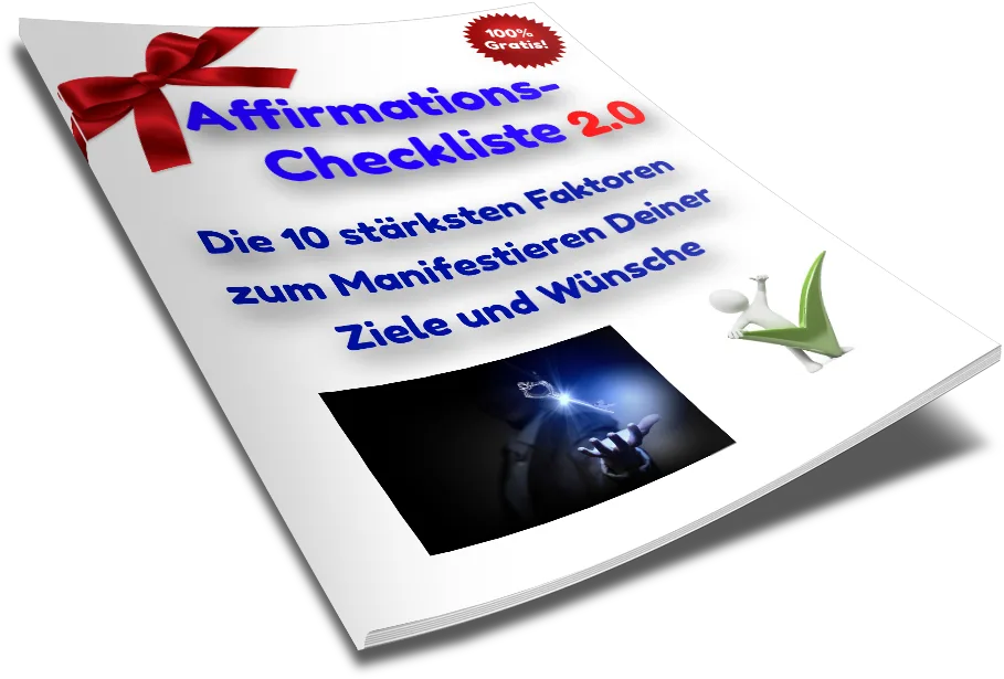 3D-Mockup des Affirmations-Checkliste-2.0-Handbuchs mit rotem Band und kostenlosem Siegel