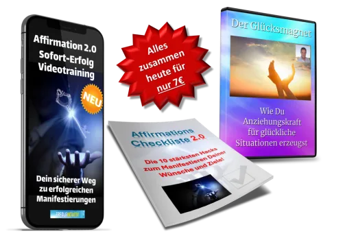Produktbundle zeigt Smartphone mit Affirmation-2.0-App, Checkliste und Glücks-Magnet-Kurs