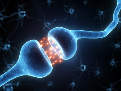 Neuronale Verbindung mit blauem Nervenzellengefüge und orangen Synapsen-Blitzen