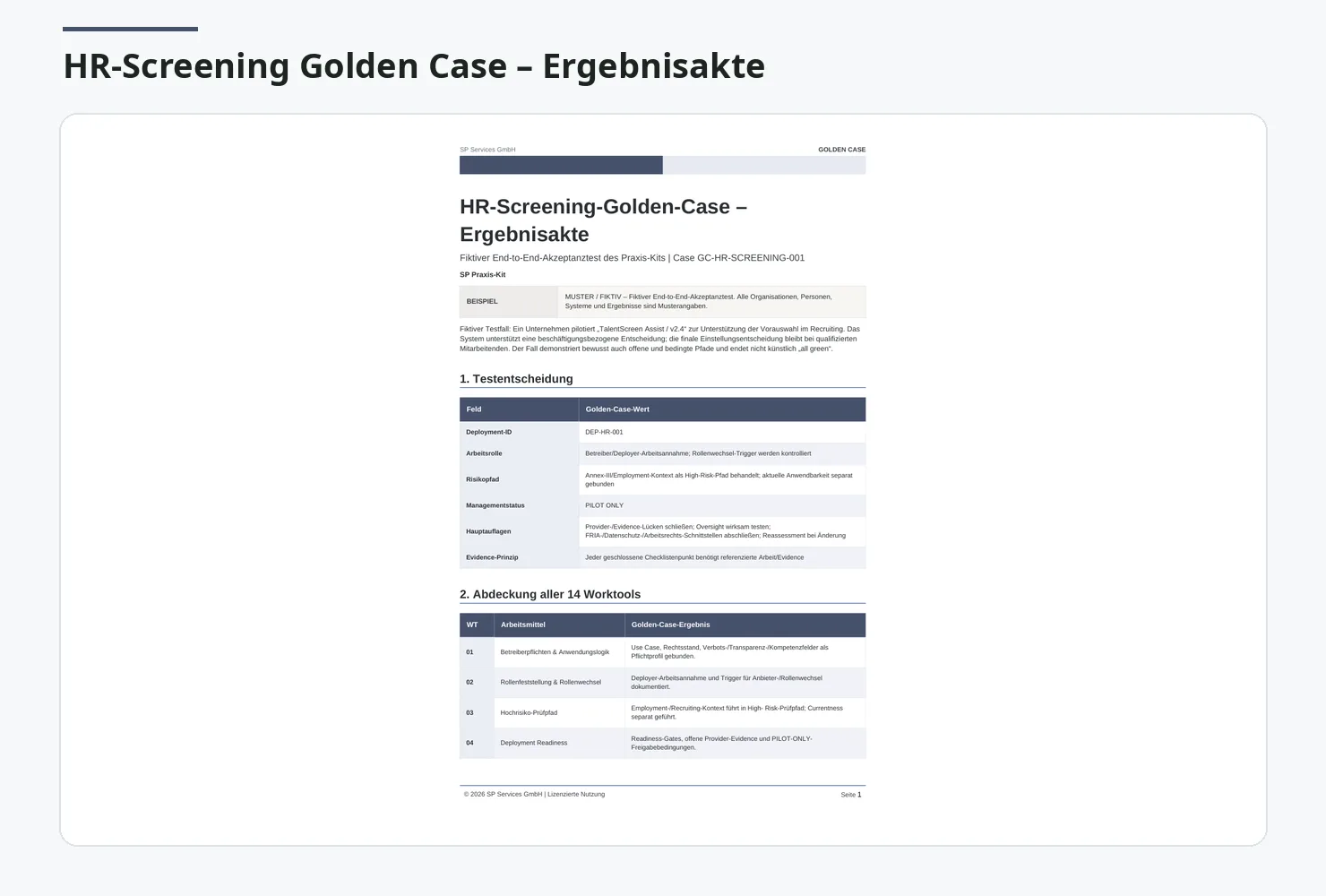 AI-Act Betreiber Praxis-Kit – Vorlagen-Kit zum EU AI Act 4 Screenshot einer Golden-Case-Dokumentation für HR-Screening mit Testergebnissen und Worktools