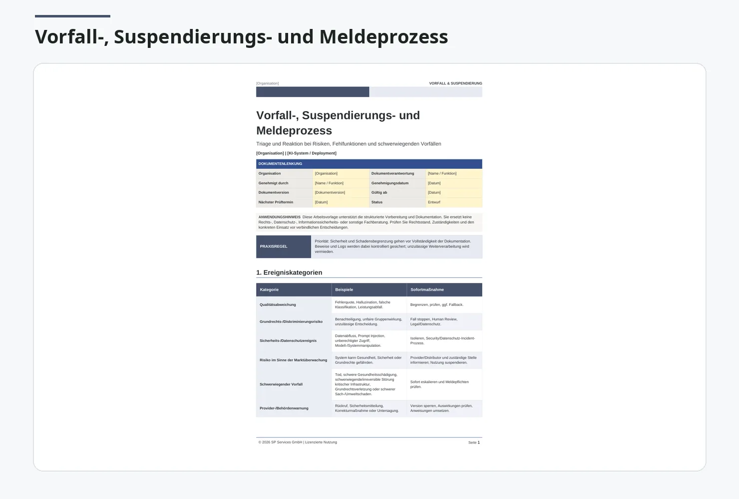 AI-Act Betreiber Praxis-Kit – Vorlagen-Kit zum EU AI Act 6 Screenshot einer Dokumentationsvorlage für Vorfall-, Suspendierungs- und Meldeprozesse bei KI-Systemen