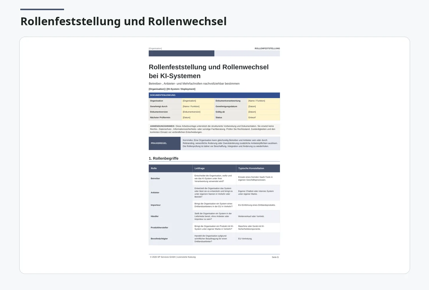AI-Act Betreiber Praxis-Kit – Vorlagen-Kit zum EU AI Act 7 Screenshot einer Dokumentationsvorlage für Rollenfeststellung und Rollenwechsel bei KI-Systemen