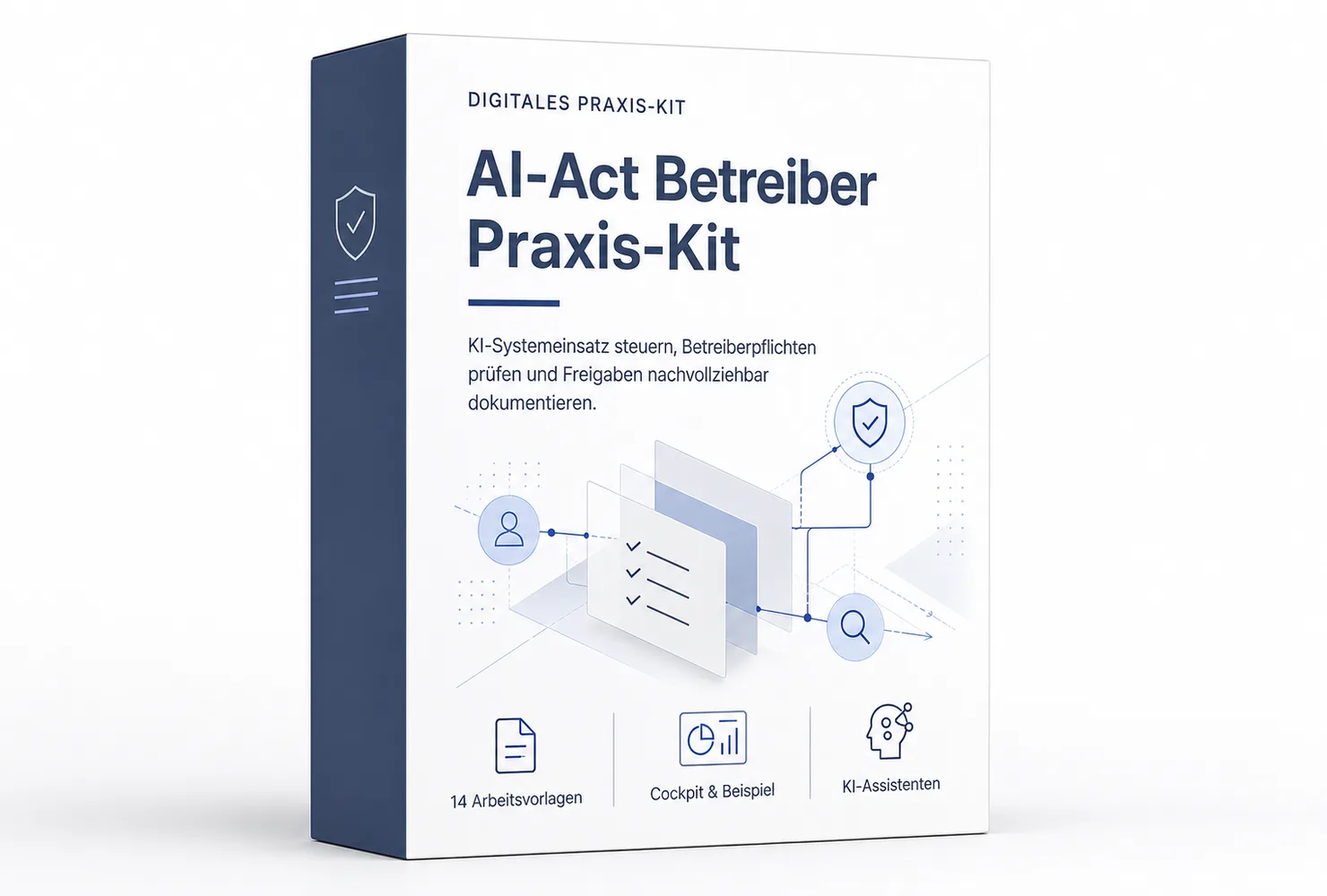 AI-Act Betreiber Praxis-Kit – Vorlagen-Kit zum EU AI Act 1 Produktbox des AI-Act Betreiber Praxis-Kits mit dunkelblauem Design, Shield-Icon und Illustration von Checkliste, Benutzerpro