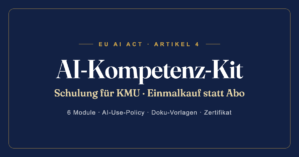 Hero-Banner für AI-Kompetenz-Kit mit dunkelblauem Hintergrund, goldenen Akzenten und weißer Typografie