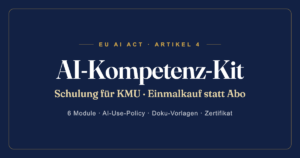 Hero-Banner für AI-Kompetenz-Kit mit dunkelblauem Hintergrund, goldenen Akzenten und weißer Typografie