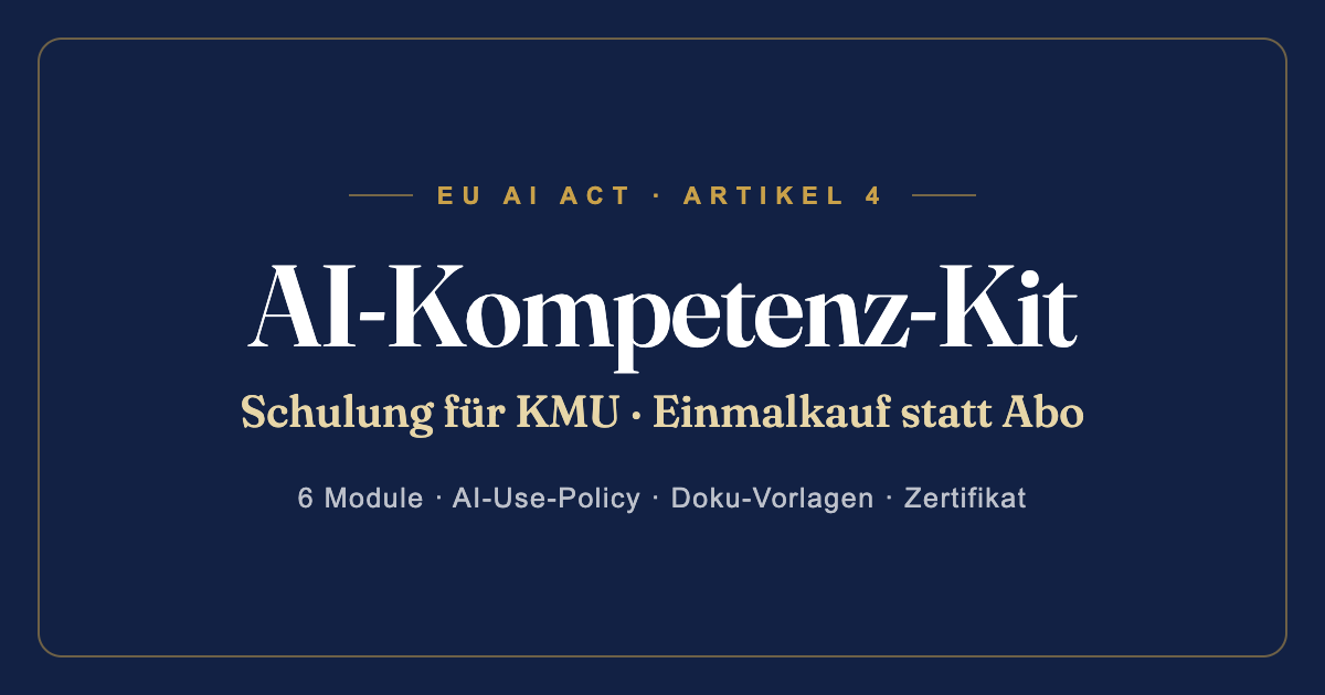 Hero-Banner für AI-Kompetenz-Kit mit dunkelblauem Hintergrund, goldenen Akzenten und weißer Typografie