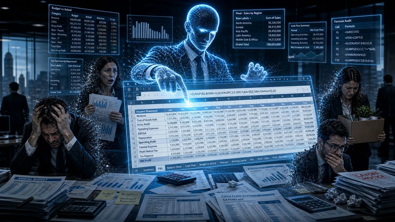Excel-Spreadsheet mit Finanzialanalyse, Budget-Daten und holografischer KI-Kopf in Büroumgebung mit Geschäftsleuten