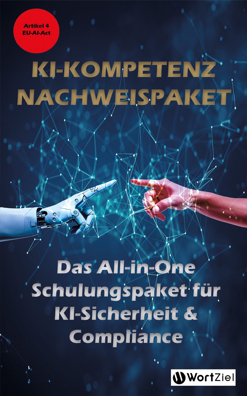 Cover des KI-Kompetenz-Nachweispakets mit Roboter und Menschenhand, goldener Schrift, rotem Artikel-4-EU-AI-Act-Siegel