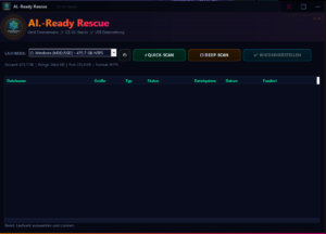 AI.-Ready Rescue Programmoberfläche mit Laufwerksauswahl C: Windows, Quick-Scan und Deep-Scan Buttons sowie leerer Trefferlis