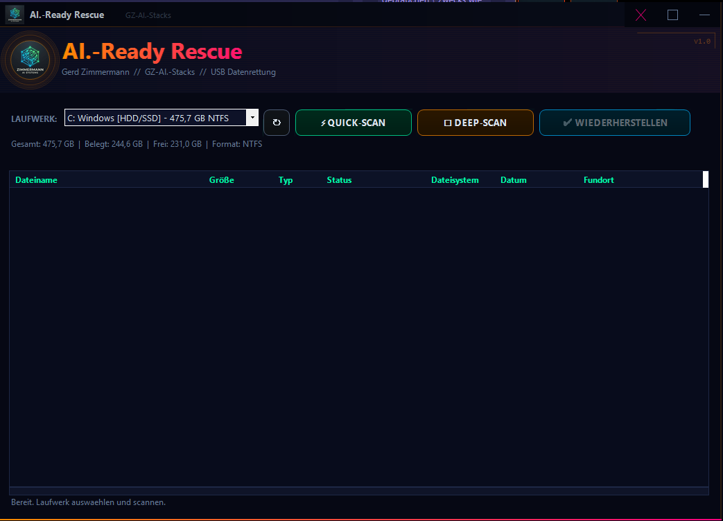 AI.-Ready Rescue Programmoberfläche mit Laufwerksauswahl C: Windows, Quick-Scan und Deep-Scan Buttons sowie leerer Trefferlis