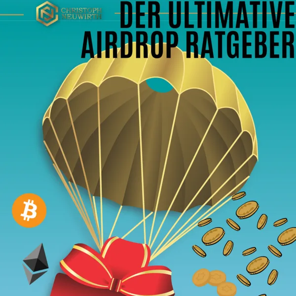 Airdrop Ratgeber eBook Cover Ausschnitt mit goldenem Fallschirm und Kryptowährungs-Logos