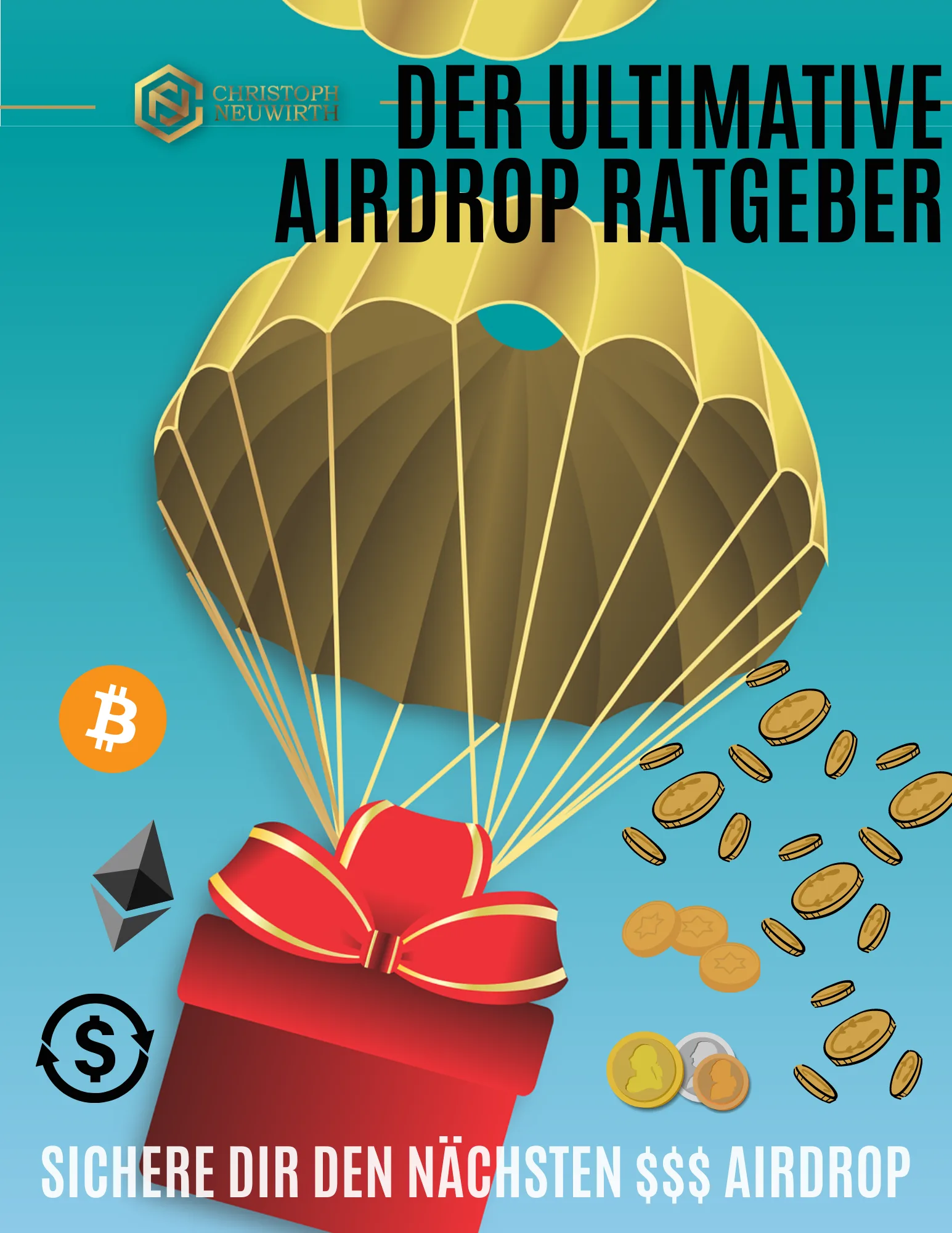 Hochformat Airdrop Ratgeber eBook Cover mit goldenem Fallschirm, roten Geschenkbox und Kryptowährungs-Symbolen