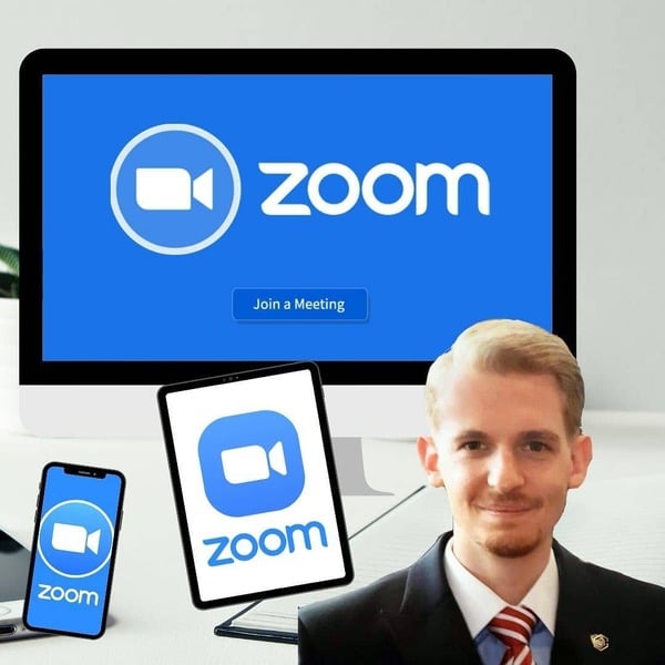 Zoom Meeting Banner mit Christoph Neuwirth Foto und Zoom-Logo auf verschiedenen Geräten