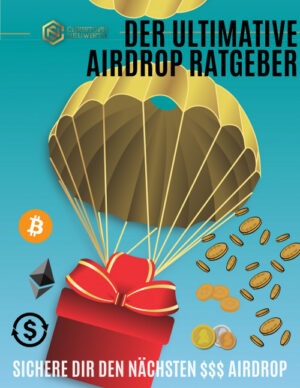 Airdrop Ratgeber eBook Cover mit goldenem Fallschirm, Kryptowährungs-Symbolen und Geschenkbox