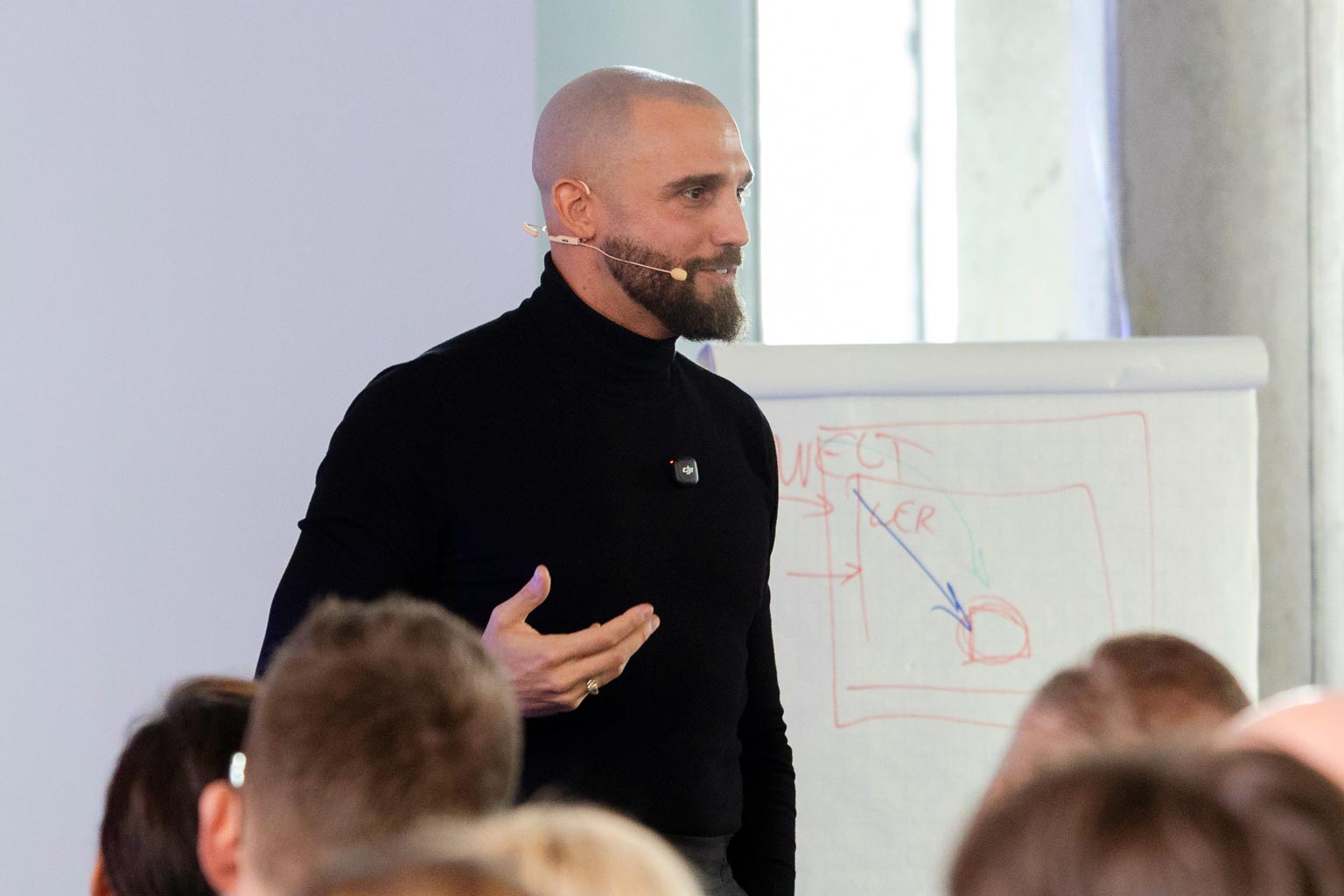 Athanasios Nasopoulos mit Headset vor Flipchart im Unternehmens-Seminar