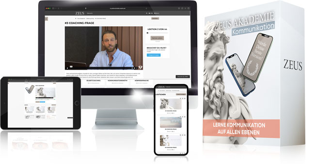 Mockup der ZEUS Akademie Webseite und Kommunikationskurs auf Geräten
