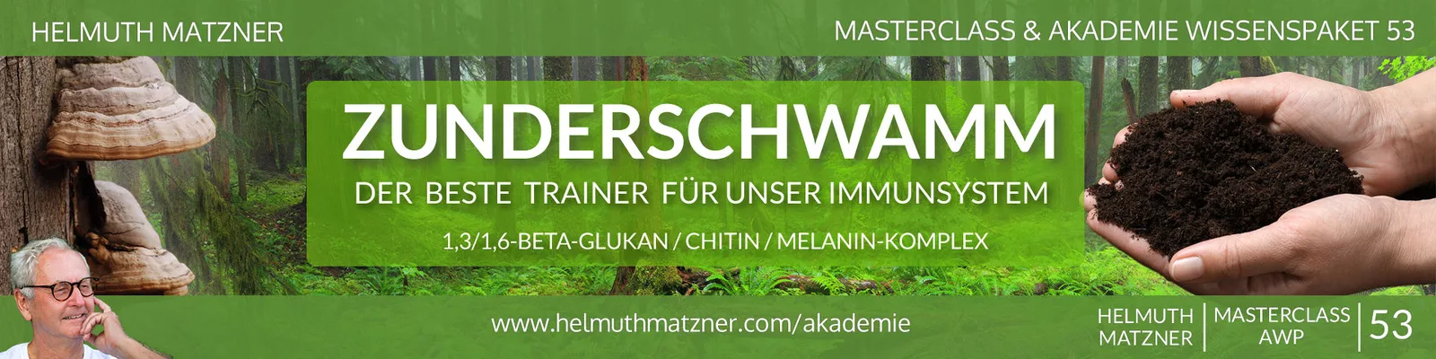 LP-Banner Zunderschwamm mit Helmuth Matzner, Wald-Hintergrund und Pilz-Abbildung