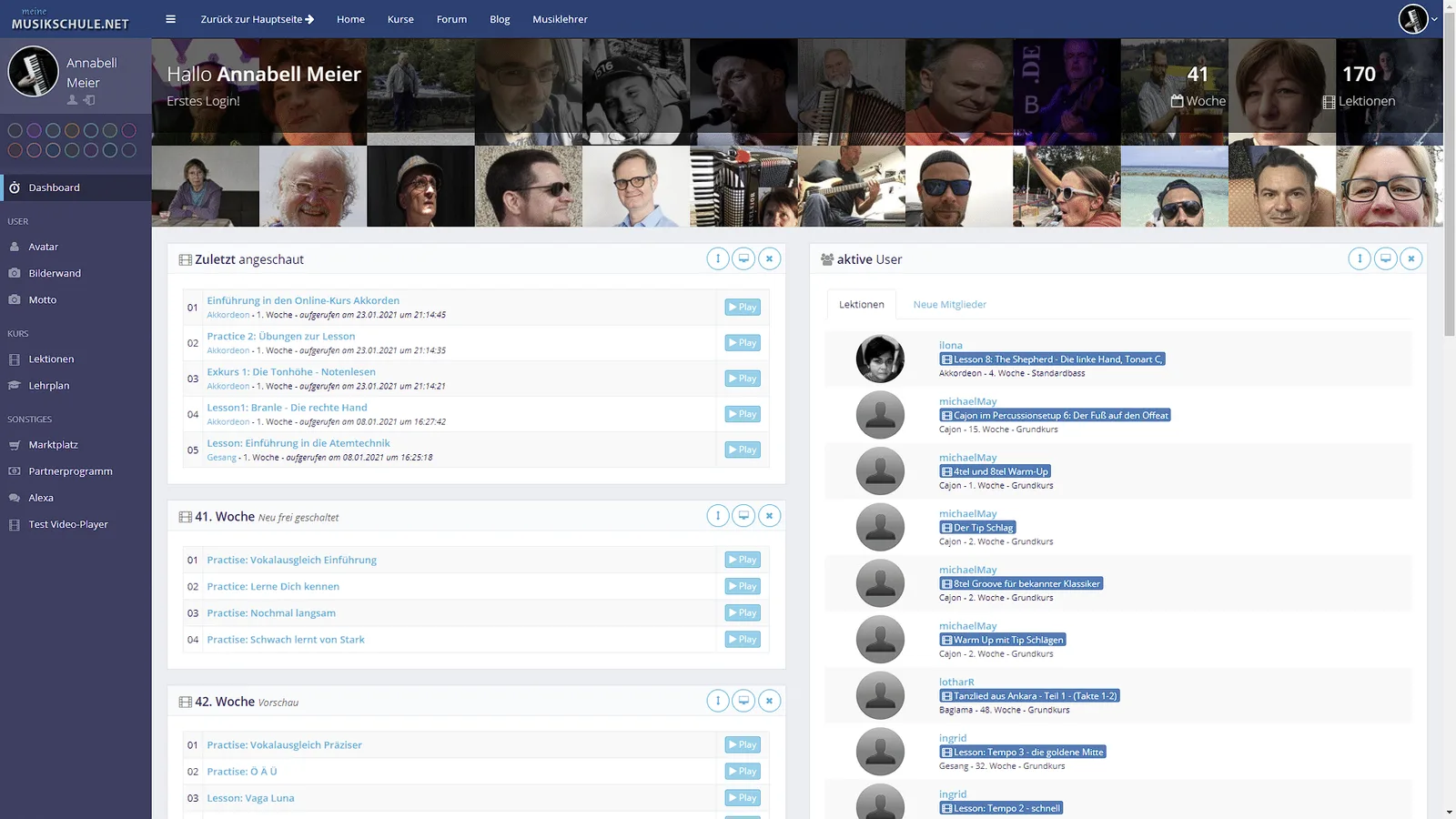 Screenshot Kurs-Dashboard mit Benutzerprofile, Lektionsübersicht und aktiven Nutzern im Akkordeon-Kurs