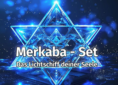 Merkaba-Stern mit blauem Licht und Schriftzug "Merkaba - Set Das Lichtschiff deiner Seele"