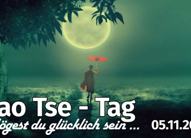 Person unter Mond mit rotem Kreuz, Schriftzug "Lao Tse - Tag – Högest du glücklich sein..."