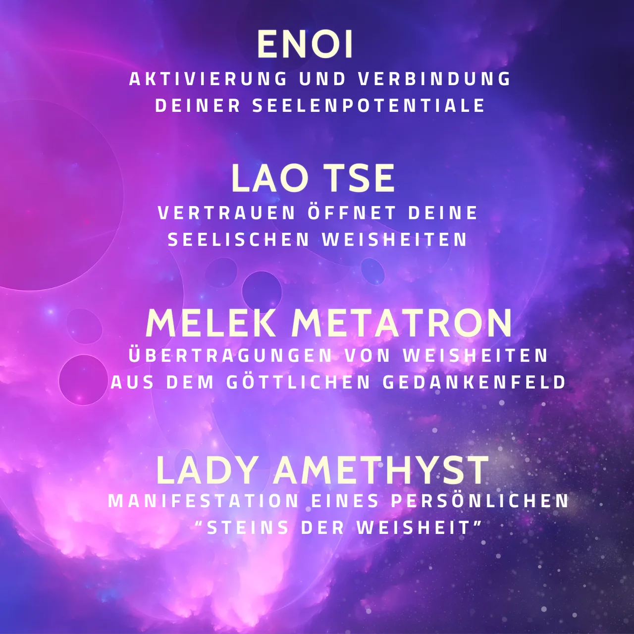 Hero-Banner mit vier Channeling-Namen: ENOI, LAO TSE, MELEK METATRON, LADY AMETHYST auf violettem Gradient-Hintergrund