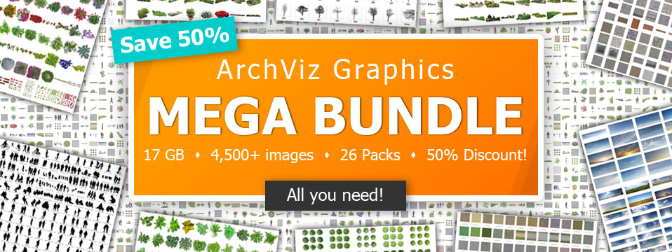 ArchViz Graphics Mega Bundle Banner mit Architektur-Grafiken und 50% Rabatt Angebot
