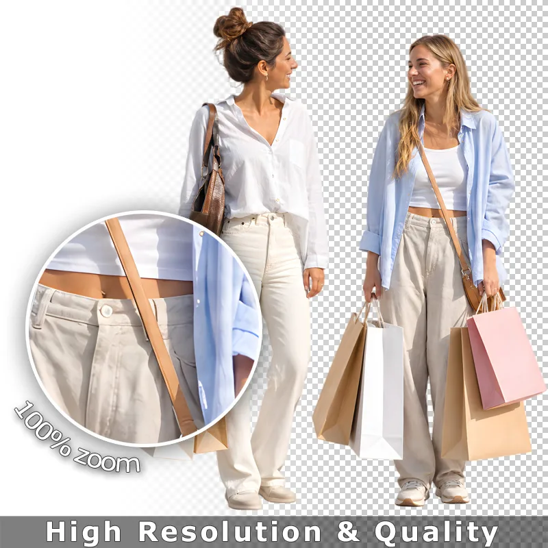 Zwei Frauen mit Einkaufstaschen als hochauflösendes Cutout PNG Detail mit 100% Zoom