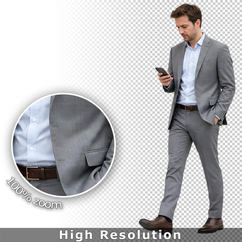 Geschäftsmann im grauen Anzug mit Smartphone als hochauflösendes Cutout PNG Detail