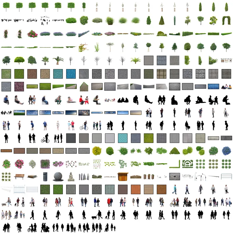 Umfassende Sammlung von ArchViz Starter Kit Ausschneidelementen: Personen, Bäume, Texturen
