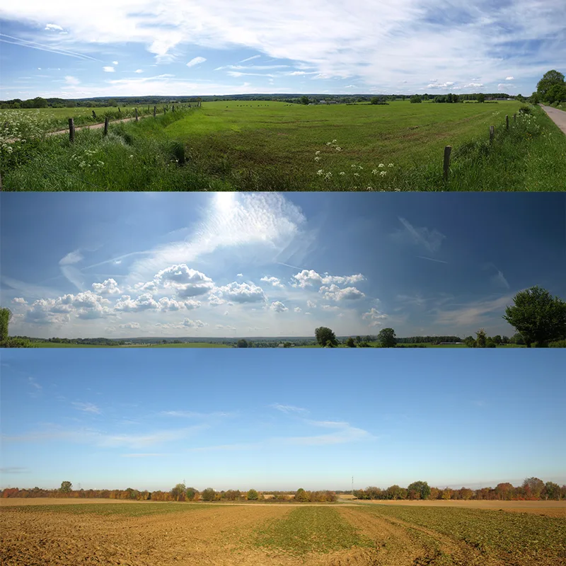 Drei Beispiele von Himmel- und Landschaftshintergründen für architektonische Visualisierungen