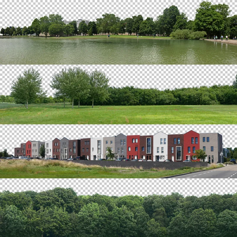Architektur-Hintergrundbild mit Park, See und Bäumen in horizontaler Perspektive
