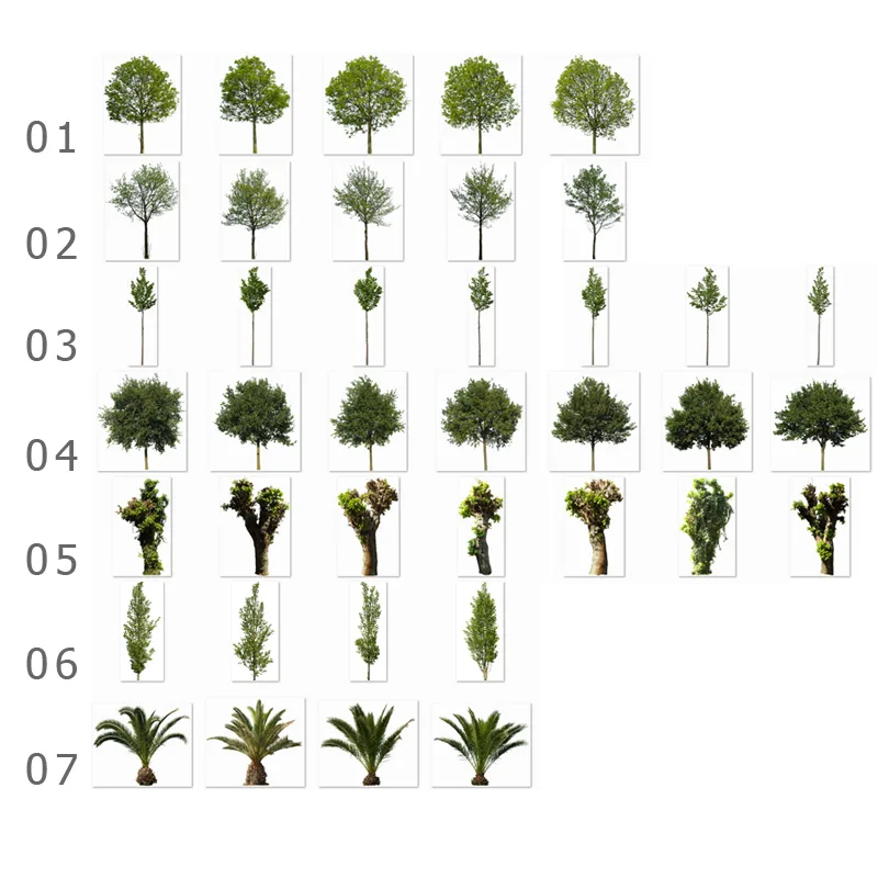 Katalog mit 7 Kategorien verschiedener Baum- und Pflanzenmodelle in unterschiedlichen Größen und Formen