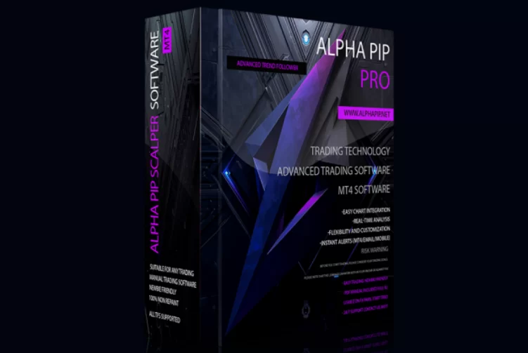 3D-Produktbox von Alpha Pip PRO MT4 Software mit Purple-Schwarz-Design