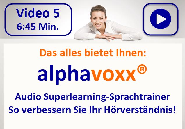 Videostandbild mit Frau und Textoverlay zum alphavoxx Sprachtrainer, 6:45 Min.