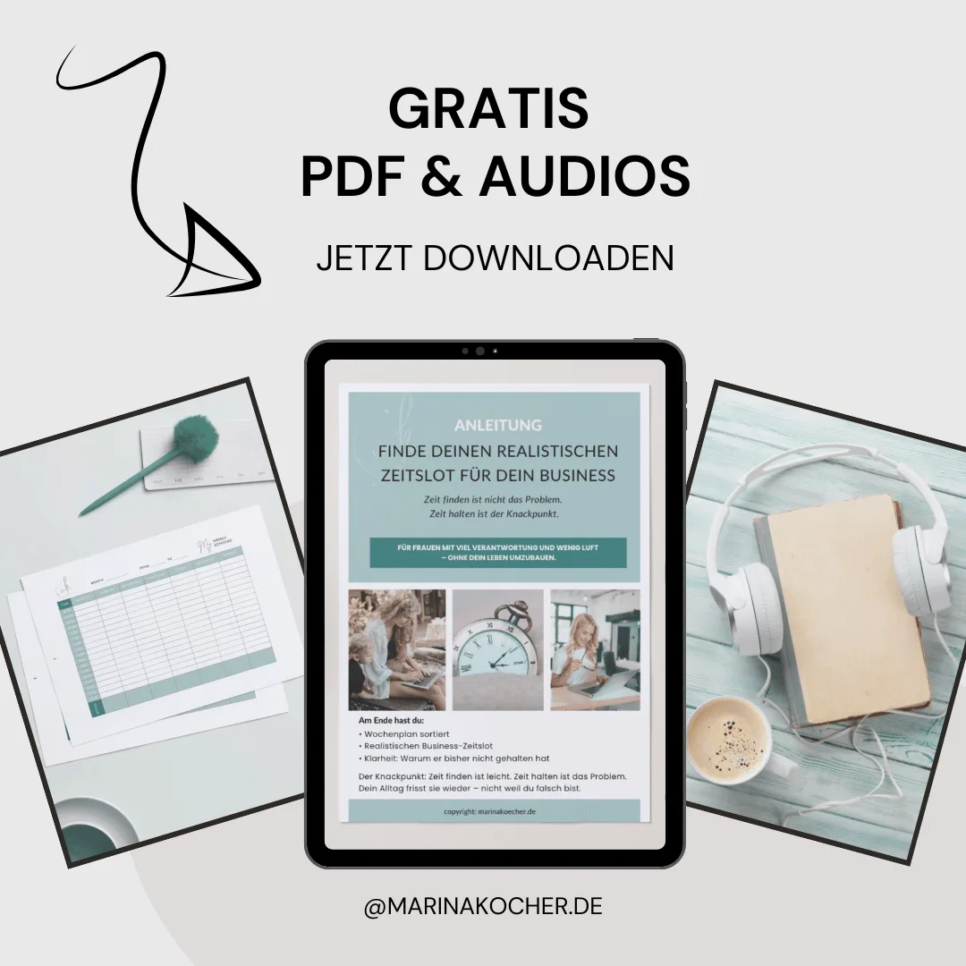 Mockup-Grafik mit iPad zeigt PDF "Anleitung Finde deinen realistischen Zeitslot für dein Business" mit Tablet und Materialien