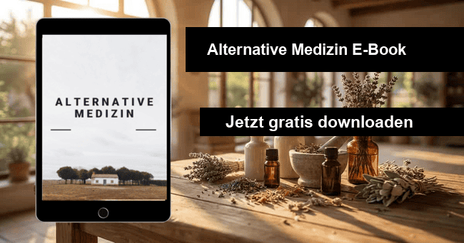Tablet mit Alternative Medizin E-Book und Kräuter-Arrangement, kostenlos Download-Banner