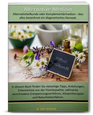 Alternative Medizin E-Book Cover mit grünem Design, Kräutern, ätherischem Öl und Mörser, Naturheilkunde