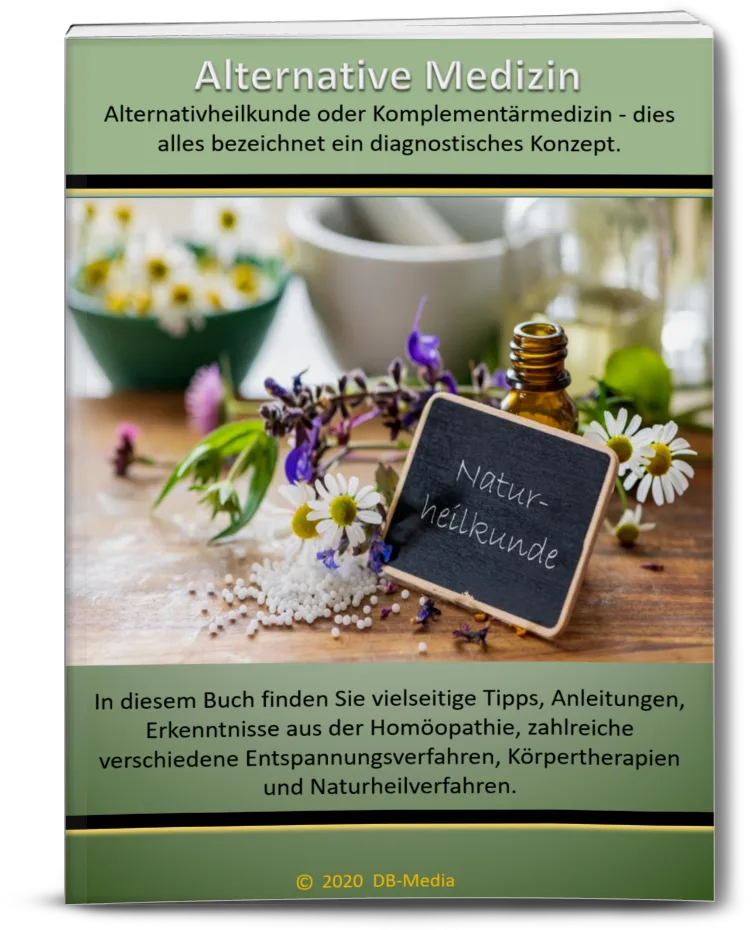 Alternative Medizin E-Book Cover mit grünem Design, Kräutern, ätherischem Öl und Mörser, Naturheilkunde