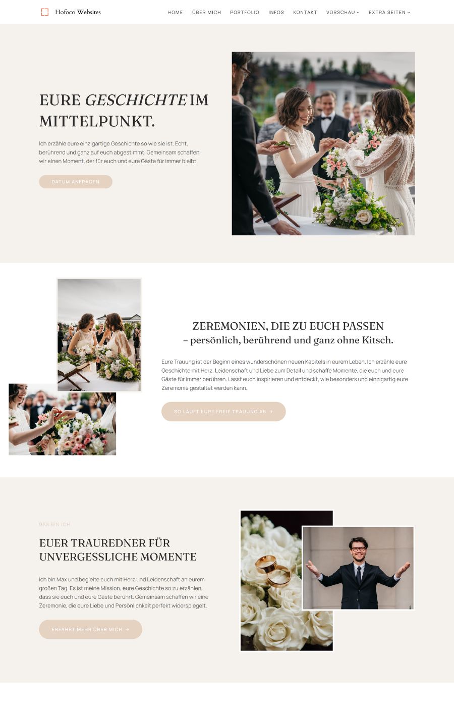 Amara WordPress Theme Trauredner-Seite mit Hochzeitsfoto und Textinhalten
