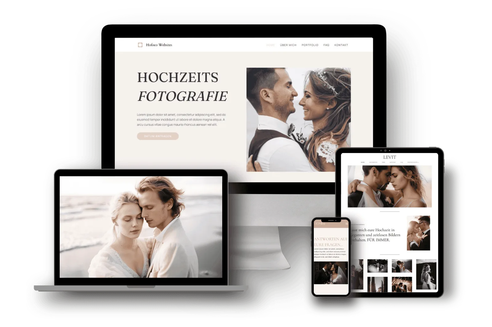 Amara Theme Responsive Mockup auf Laptop, Tablet und Smartphone mit Hochzeitsfotografie-Content