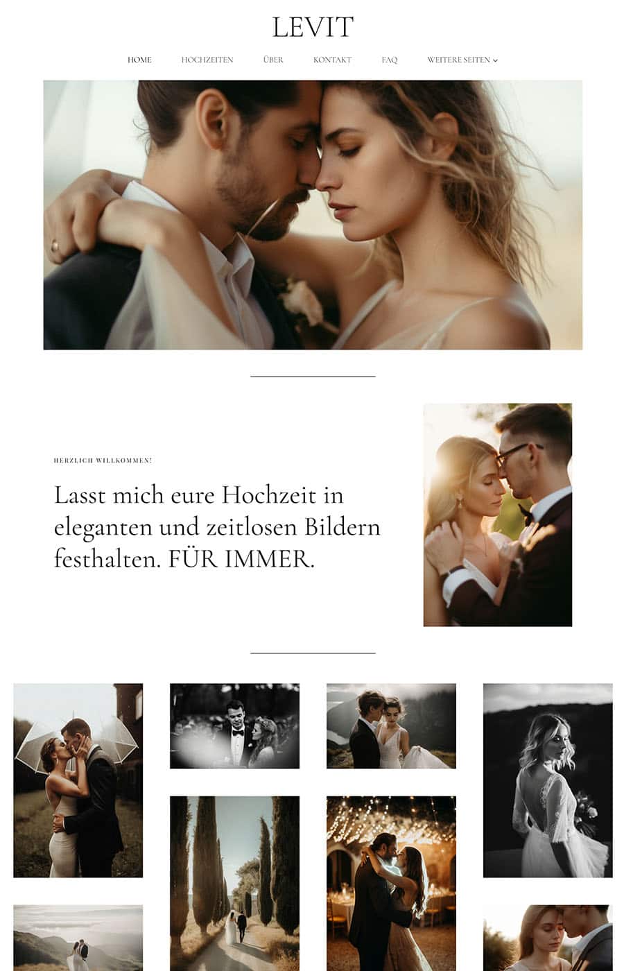 Levit WordPress Theme Hochzeitsfotografie Seite mit Brautpaar-Galerie und Beschreibung