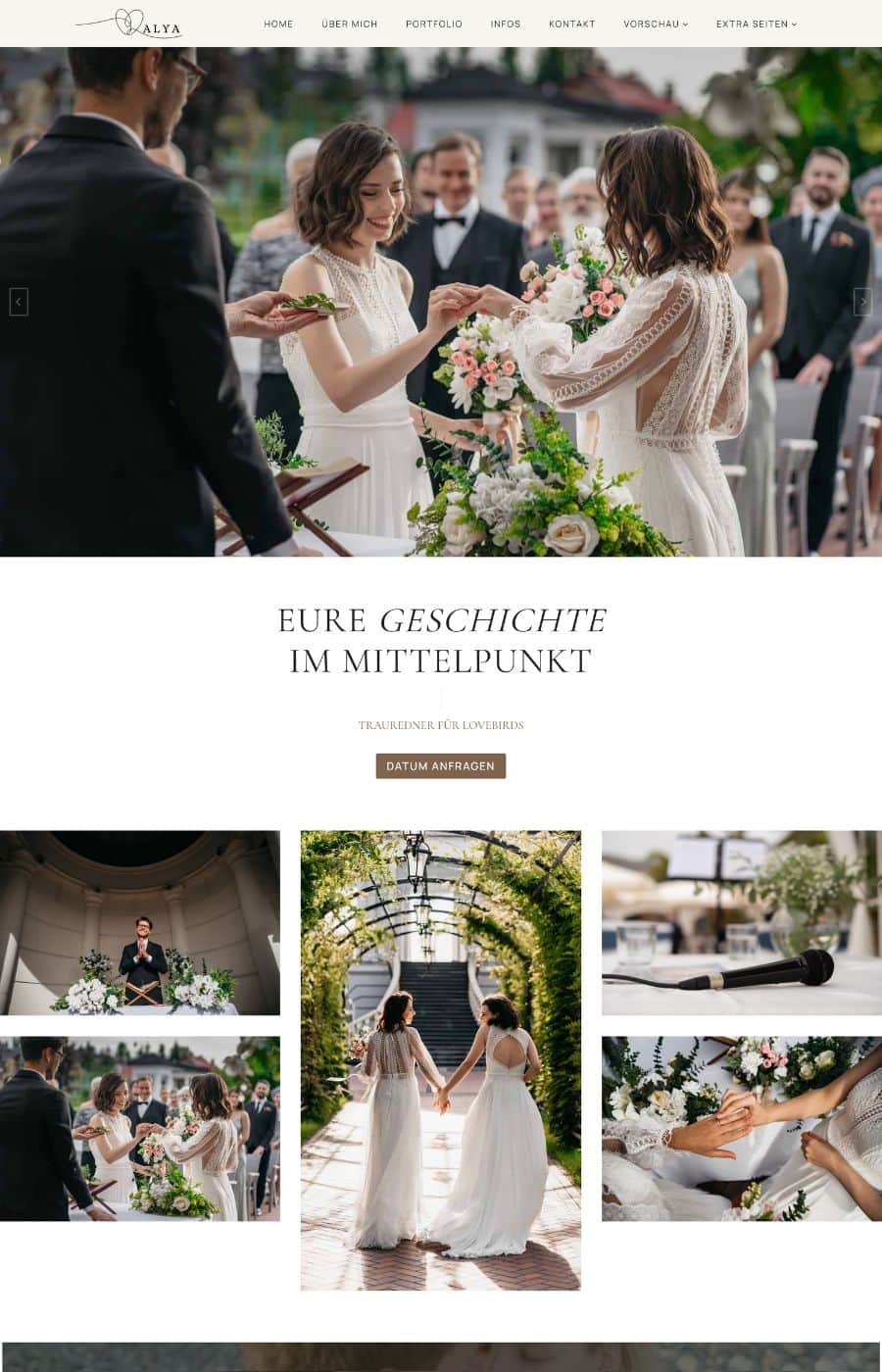Malya WordPress Theme Trauredner-Seite mit Trauungsszenerie und Bildergalerie