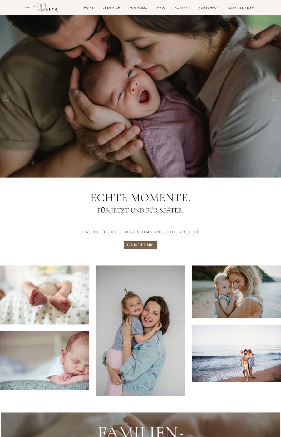 Malya WordPress Theme Familienfotografie-Seite mit Eltern und Kind-Portraits